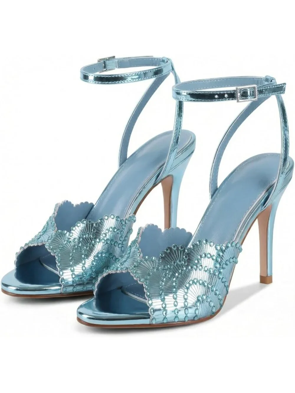 Women's Blue Rhinestone High Heel Sandals Round Open Toe Sparkly High Heels